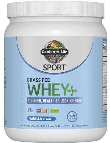 Garden of Life SPORT Whey Protein Powder Vanilla Flavor 20g Plus Marine Collagen Peptides & MSM for Women and Men, Optimum Amino Energy, Younger, Healthier Looking Skin - Grass Fed, About 15 Servings