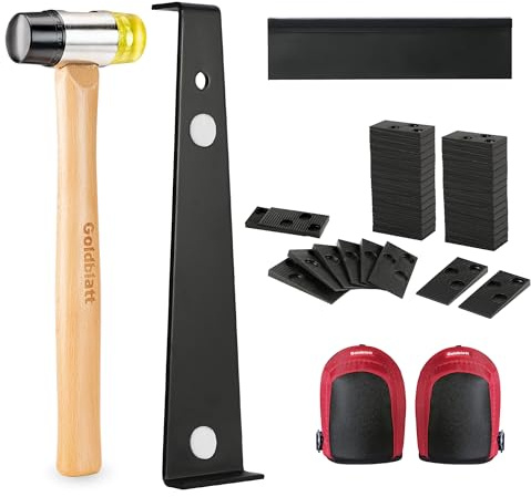 Goldblatt Laminate Wood Flooring Tools Installation Kit with 100 Spacers, Reinforced Double-Faced Mallet, Tapping Block, Heavy Duty Pull Bar, and Protective Knee Pads
