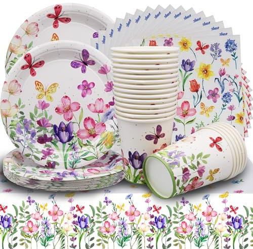 Service de table de fête - Assiettes en carton avec fleurs - Gobelets en carton - Serviettes de table pour anniversaire, fête prénatale - Vaisselle defête pour 20 invités