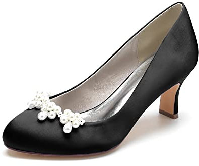 ZZQCCHL Women's Satin Round Toe Bridal Shoes Slip-On Kitten Heel Wedding Pumps Prom Party Mary Jane Shoes with Pearl,Black,4 UK