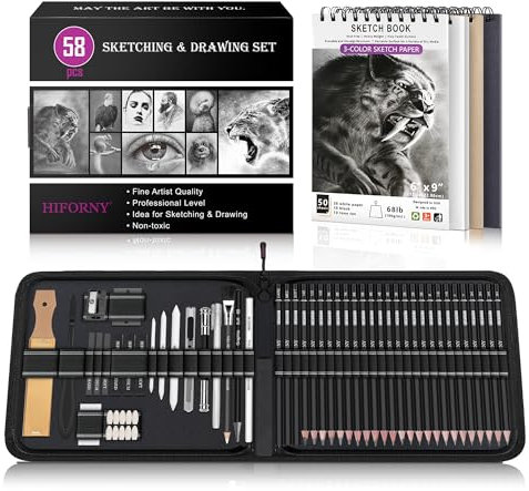 HIFORNY 58 PCS Drawing Kit Sketching Pencil Set,Sketch Pencils Art Supplies with 3-Color Sketchbook,Graphite,Charcoal,Blending Tools,Drawing Pencils for Adults Artists
