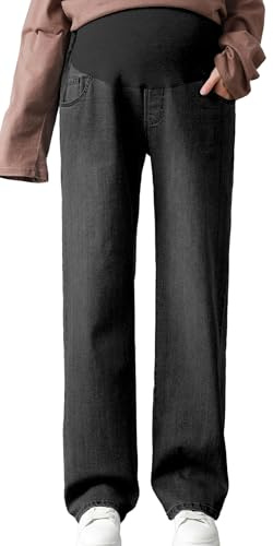FEOYA Dam mammajeans golvlånga byxor mammabyxor magstöd jeans hög midja graviditet vida ben gravida jeans M-5XL, svart, 3XL