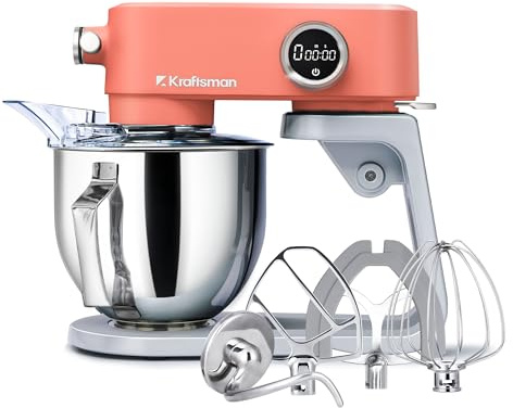 Kraftsman Robot de cocina, amasadora para masa de pan, carcasa de metal, 8 niveles con temporizador, cuenco de 5 L, 4 cabezales de acero inoxidable (Naranja)