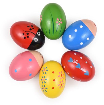 Hanzete 6 Pack Wooden Shake Egg Easter Egg Percussion Instrument Interesting Music Shake Eggs for Party Easter Musical Egg Easter Basket Stuffers Fillers Musical Instrument