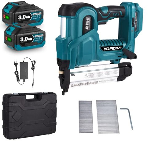 Yofidra Pistola Engrapadora a Batería – Engrapadora & Clavadora 2 en 1 con 200 Clavos & 200 Grampas, 2x3,0Ah Baterías, Iluminación LED, 2 Modos, para Montaje de Muebles y Trabajos DIY en Madera