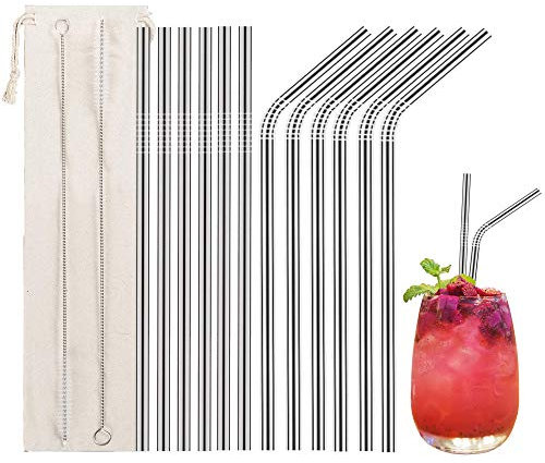12-Pack Stainless Steel Straws – Reusable Metal Drinking Straws with 2 Cleaning Brushes – Ideal for Smoothies, Milkshakes, Cocktails, and Hot Beverages