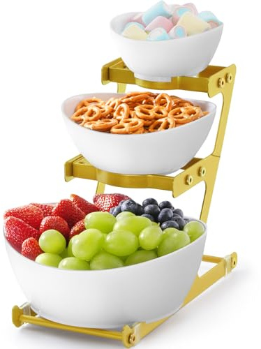 Lifewit 3 Tier Plastic Serving Bowls with Metal Stand, Chips and Dip Serving Tray Set for Entertaining Party, Crack-Proof Serving Platters for Fruit/Salad/Snack/Dessert Appetizer/Candy, Gold
