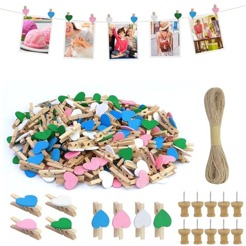 CARANNACLTD 160 Piezas Pinzas Pequeñas de Madera 30MM para Fotos, Boda - Mini Pinzas con Cuerda de Yute 20m DIY