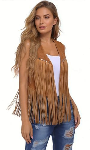 Qchomee Unisex Retro Tassel Jacket Western Cowboy Hippie Gilet Costume Coat for Women Men Vintage Sleeveless Jackets Vest Costume Faux Suede Cowboy Fringe Vest Fancy Dress