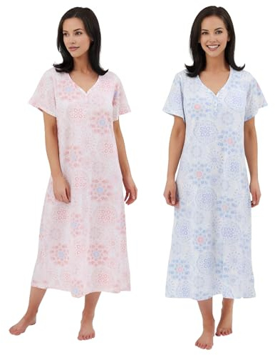 INSIGNIA Womens Pack of 2 Short Sleeve Long Cotton Blend Cool Jersey Nightshirts Nighties (Geo Floral, 28-30)