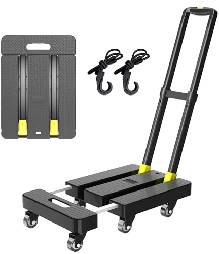 Folding Hand Truck, 500 LBS Heavy Duty Foldable Dolly Cart with Wheels, Telescoping Handle & 2 Elastic Ropes, Portable Luggage Cart for Moving, Travel, Home, Black Yellow