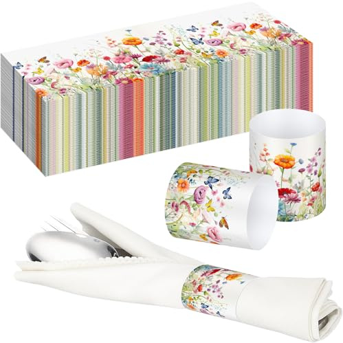 FoldTier 300 Pcs Spring Wildflower Paper Napkin Rings Disposable Napkin Bands Self Adhesive Colorful Wildflower Silverware Wrap Band for Floral Birthday Holiday Party Dinner Table Setting Decoration