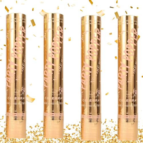 4pcs Biodegradable Confetti Cannons, 30cm Party Poppers Multi-Coloured Confetti, Party Cannon, Confetti Poppers for Weddings, Birthdays, Gender Reveal, Anniversary, Baby Shower(Gold)