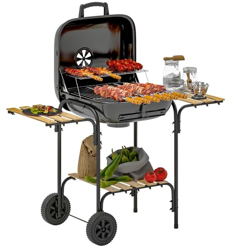 Outsunny Barbacoa de carbón vegetal de acero móvil con tapa con cerradura, parrilla con ruedas, carro de carbón con bandeja de madera, barbacoa ahumadora para camping, jardín, 98 x 54 x 91 cm, color