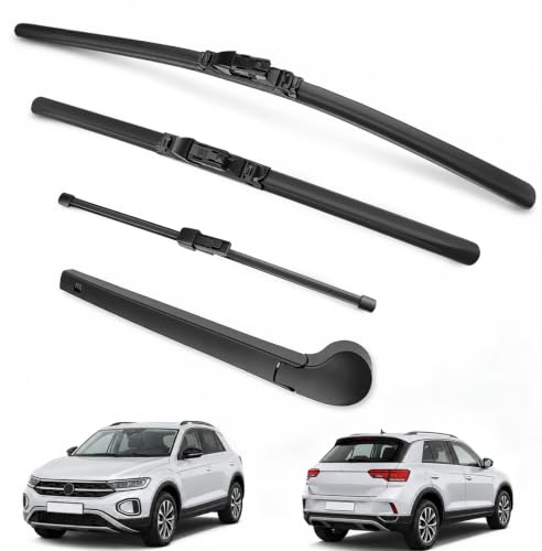 Juego de Limpiaparabrisa Delantero y Trasero Compatible con VW T-Roc A11 2017-2022 | 2 Hojas de Repuesto Delantero + 1 Limpiaparabrisas Escobillas Trasero de Coche + 1 Brazos de Limpiaparabrisas