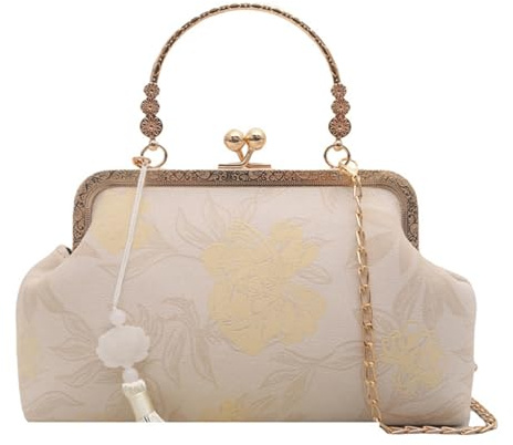 KMGDM Sofisticada bolsa de hombro con cadena con detalles de bordado único, ligero, práctico, cruzado para la noche, ocasión tradicional, bordado, White