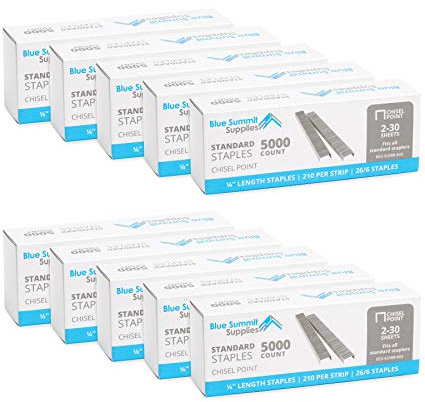 50,000 Staples Stapler Refill, Standard 1/4 inch Length and 210 Staples per Strip, 26/6, Jam Free Sharp Chisel Point Design, 10 Boxes of 5,000 Staples, 50,000 Staples Total, Fits Standard Staplers