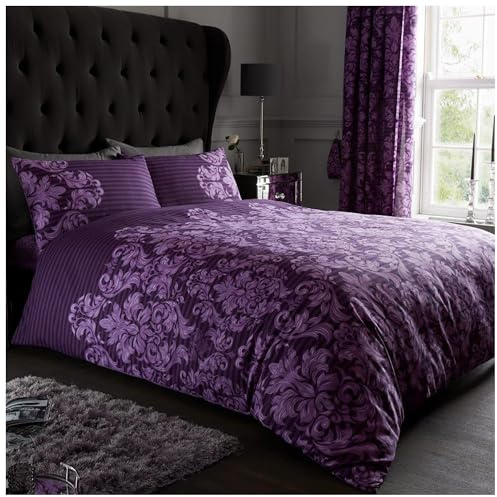 GC GAVENO CAVAILIA Luxurious Empire Damask Bed Set with Duvet Cover and Pillow Cases, Polyester-Cotton, Purple, Single