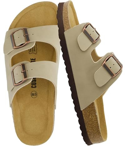 CUSHIONAIRE Lane Cork Footbed Womens Sandals Comfortable Double Buckle Slip On Sandals for Women with Arch Support and Classic Two Strap Design, STONE 6