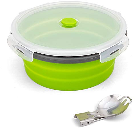 Ewrap Bol de camping rond pliable de 1200 ml, conteneurs de stockage des aliments, bol en silicone avec couvercle et cuillère pliable 2 en 1, pour le camping, le congélateur et le micro-ondes, vert