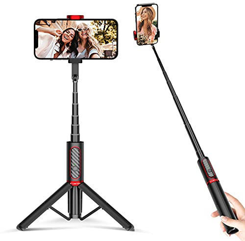 ATUMTEK Trépied Selfie Stick, Trépied Téléphone 3-en-1 Extensible en Aluminium avec Télécommande Bluetooth sans Fil, Compatible avec iPhone 17/16/15/14/13/12 mini/11 Pro et Smartphones Samsung, Rouge