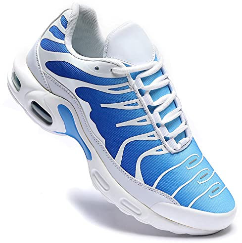 Chaussures de course à pied pour homme avec coussin d'air - Style décontracté - Pour la marche, le tennis, la gym, le sport, blanc/bleu, 46 EU