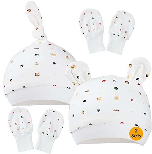 Gorros y Manoplas de algodón para bebés, Sombreros y 2 Pares de Guantes para bebés (0-6 Meses)