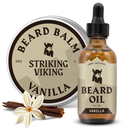 Striking Viking Bartpflege-Set mit Bartbalsam & Bartöl - 30 g / 30ml, Vanille - Bartöl mit Duft - Zähmt, stylt, befeuchtet Bärte & Schnurrbärte - Mit Argan & Jojoba Öl