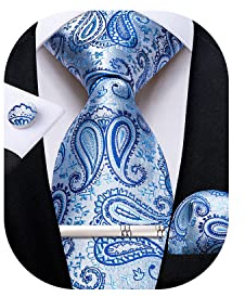 DiBanGu Ensemble de cravate pour homme Motif paisley Cravate en soie et pochette de costume Boutons de manchette Idéal pour mariage et travail, bleu ciel, taille unique
