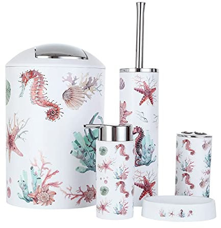 PITRAK 6-teiliges Badezimmer-Accessoires-Set aus Kunststoff, Lotionsflaschen mit Seestern-Krabbenmuster, Zahnbürstenhalter, Zahnbecher, Seifenschale, Toilettenbürste, Mülleimer