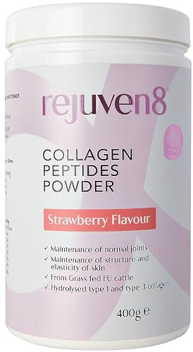 Rejuven8 Collagen Peptides Powder - 400g Strawberry Flavour - 26g of Collagen and 24g of Protein Per Serving - Grass Fed Bovine Collagen Powder for Women & Men - Protein Collagen Powder