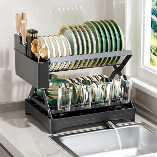 Cyiecweu Abtropfgestell Geschirr, 2 Stöckiger Großer Geschirrabtropfgestell, Edelstahl Dish Drying Rack, Geschirrständer für die Küchentheke, Abtropfgestell mit Abtropfschale und Drehbarem Auslauf