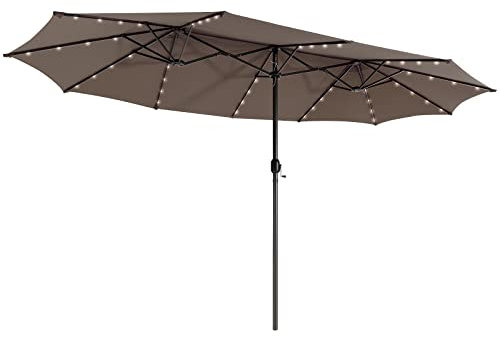 RELAX4LIFE Sonnenschirm mit LED-Solar-Beleuchtung, 48 LED-Lämpchen, Doppelsonnenschirm mit Handkurbel, Marktschirm 450 x 260 x 251 cm, Gartenschirm Terrassenschirm Sonnenschutz (Braun)