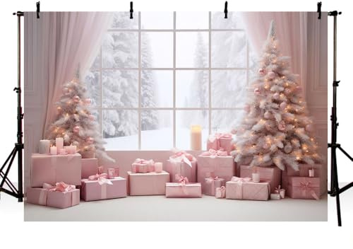 AIBIIN Toile de fond rose pour photographie de Noël - 2,1 x 1,5 m - Rideau de fenêtre - Arbres de Noël - Accessoires photo de vacances - Portrait - Bannière décorative