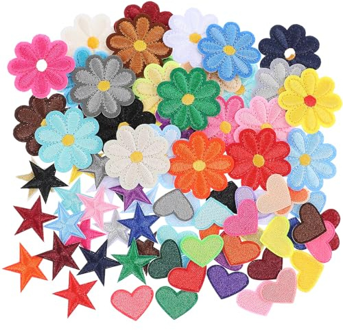 Oruola 80pcs Iron on Patches for Clothing,Mini Flower Star Heart Iron Patch,Sew On Embroidered Applique Patches for Girls,Hat,Jackets,Jeans,Backpacks,DIY Crafts,Colorful
