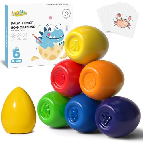 JUPITEARTH 6 Colours Egg Crayons for Toddlers 1-3, Palm Grasp Non Toxic Washable Jumbo Crayons for Kids, Fat Brain Toys for Preschool Art Supplies and Perfect Easter Gifts for Boys and Girls