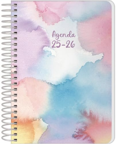 Q Kalon - Skolkalender 2025 2026 - Dag per sida, Storlek A6 (12x17 cm), Spanska och Engelska, September till Juni, Spiralbindning, Mjukt omslag med plastskydd - Stain