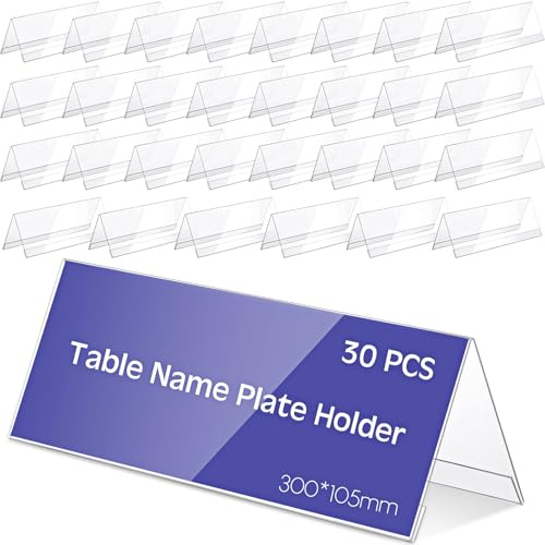 Gulfmew Porte-Étiquette en Acrylique Chevalet Porte-Nom Transparent Plaques Nominatives de Table Réutilisable en Forme de Toit Porte-Carte d'Affichage pour Conférence, 30 x 10,5 cm (30 Pièces)