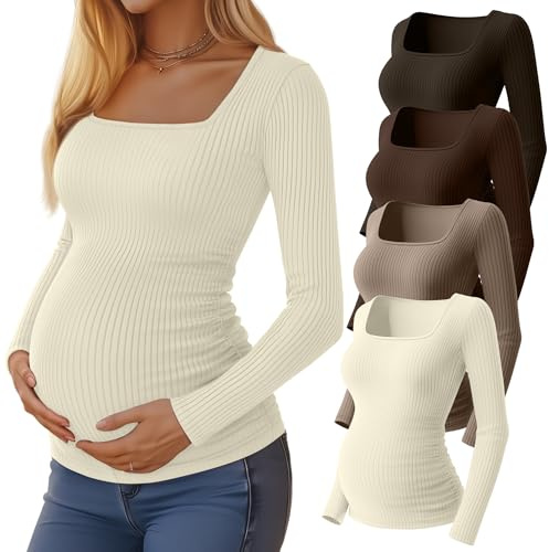 Huukeay 4 Pack Women's Maternity Shirts Cotton Ribbed Long Sleeve Square Neck Pregnancy Tunic Tops Side Ruched Basic Tee(Dark Brown, Coffee, Mocha, Cream,X-Large)