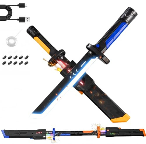 Cravonel Lightsaber 7 Color Flowing Spark Sword, with Sound Effects, Led Sword with Smoke, for 8+ Years Old Toy Light Saber for Kids(Twin Swords)