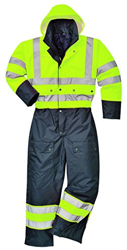 Portwest S485 Mens Hi Vis Waterproof Winter Coverall Thermal Quilted Hooded Rain Suit 300D PU Coated Taped Seams Reflective Workwear Rail Motorway Tradesman, Yellow/Black, XXL