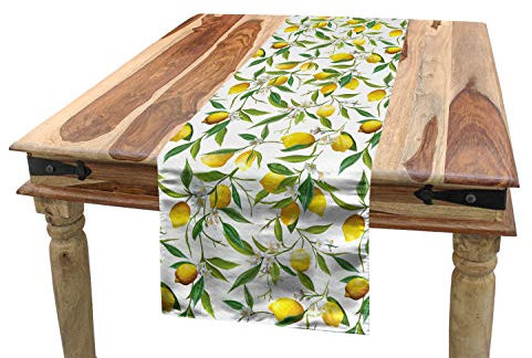 ABAKUHAUS Natur Tischläufer, Lemon Woody Romantic, Esszimmer Küche Rechteckiger Dekorativer Tischläufer, 40 x 180 cm, Grün Weiß Gelb