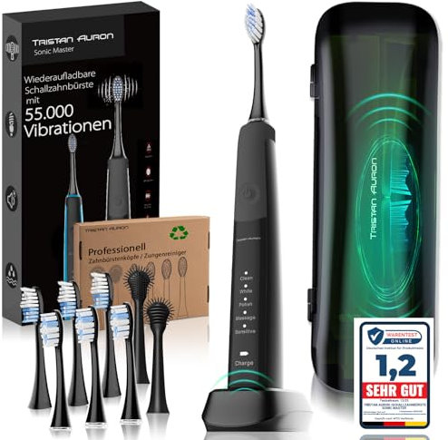Schallzahnbürste - 55.000 VPM - 5 Modi - 60 Tage Akku + inkl. Etui mit UV Desinfektion + 6 Ersatzbürste und 2 Zungenreiniger - elektrische Zahnbürste - Tristan Auron SonicMaster in schwarz