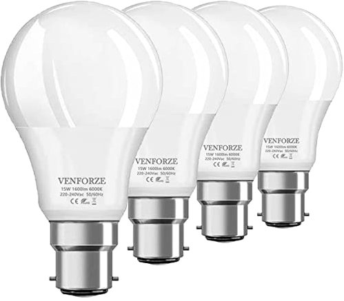 Venforze Lampadine a baionetta da 150 W, 15 W, A60 B22,1600 lm, 6000 K, GLS Frosted BC a risparmio energetico, non dimmerabili, confezione da 4