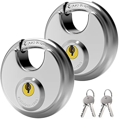 Key Padlock Outdoor, [2-Pack] [Waterproof] Diyife 70mm Stainless Steel Disc Lock Heavy Duty Padlock Weatherproof with 9.5mm Shackle for Warehouse, Container, Garage, Gate, Shed, Fence (4 Keys)