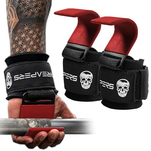 Gymreapers Ganchos de levantamiento de pesas (par), correas de muñeca resistentes para levantamiento de pesas, soporte de agarre para peso muerto, dominadas, encogimientos, guantes de gimnasio para
