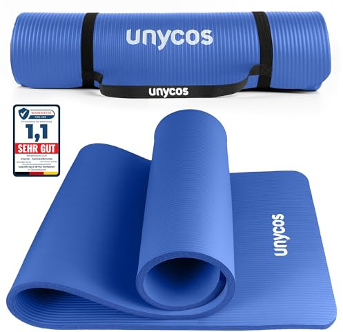 unycos - Gymnastikmatte - Yogamatte Rutschfest【183x60 cm】NBR 15 mm Dicke | Inkl. Tragegurt und E-Book mit Übunge, Sportmatte Ungiftig für Fitness, Pilates & Gym, Home Sport (Blau)