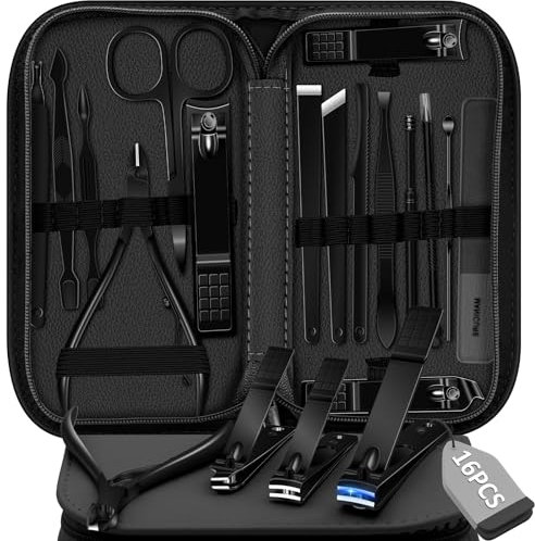 Set Manicure Kit Pedicure, 16 Pezzi Tagliaunghie in Acciaio Inox, Strumenti Professionali per la Cura delle Unghie Kit per la Cura delle Unghie con Custodia in Pelle da Viaggio per Uomini Donne Nero