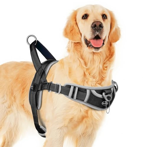 ADVENTUREMORE No Pull Large Dog Harness, Sport Dog Halter Harness Reflective Breathable Dog Vest Escape Proof Dog Harness with Easy Control Front Clip Handle for Training Walking XL Black