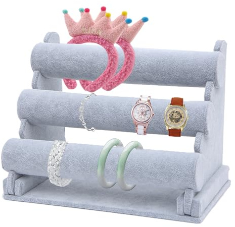 Bustlwor Portabracciali a 3 Livelli, Supporto per Gioielli per Orologi, Portabracciale Removibile, Adatto per Gioielli, Orologi, Collane, Bracciali(Grigio)